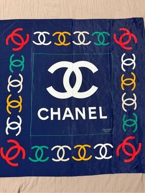 CHANEL Navy Silk Scarf with Multicolor CC Chain Motif
